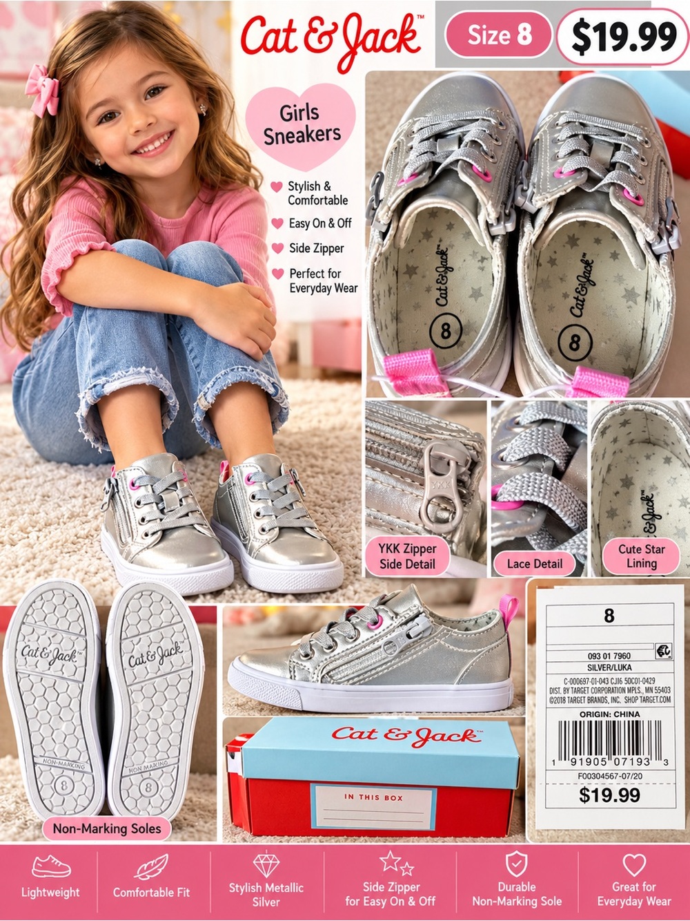 Cat & Jack Girls Metallic Silver Sneakers with Pink Accents